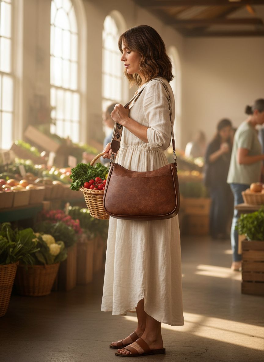 Leather crossbody bag with adjustable strap in neutral color, front view — view 2