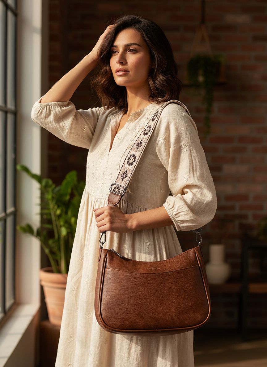 Leather crossbody bag with adjustable strap in neutral color, front view — view 6