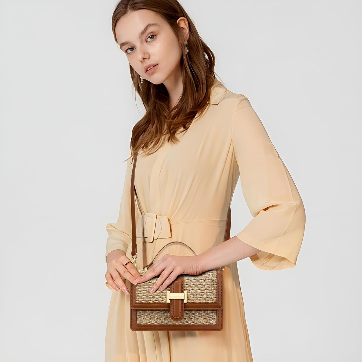 Leather crossbody bag with top handle and adjustable shoulder strap in {color} — view 4