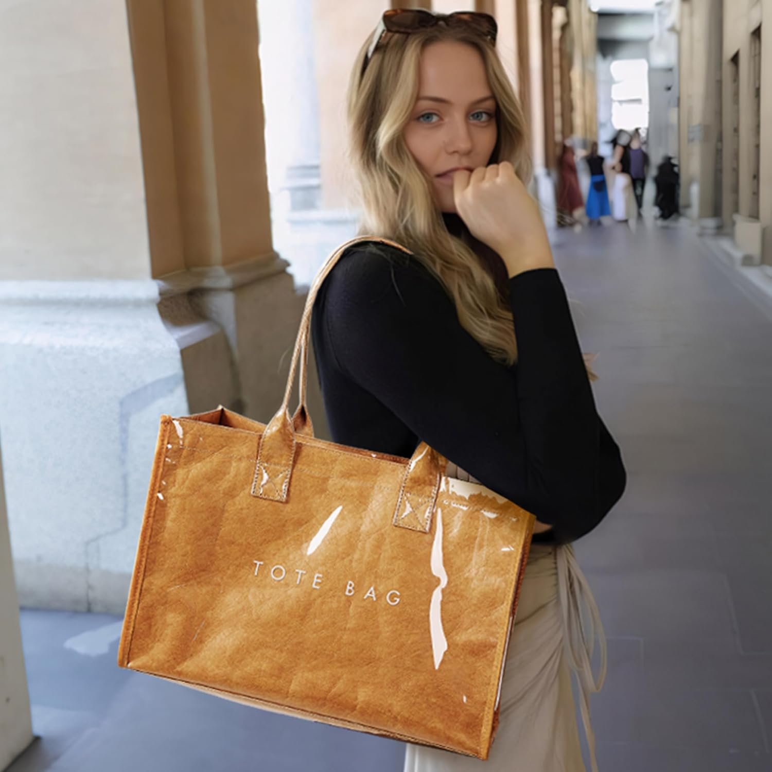 PVC tote bag with top handle in neutral color, minimalist work handbag — view 2