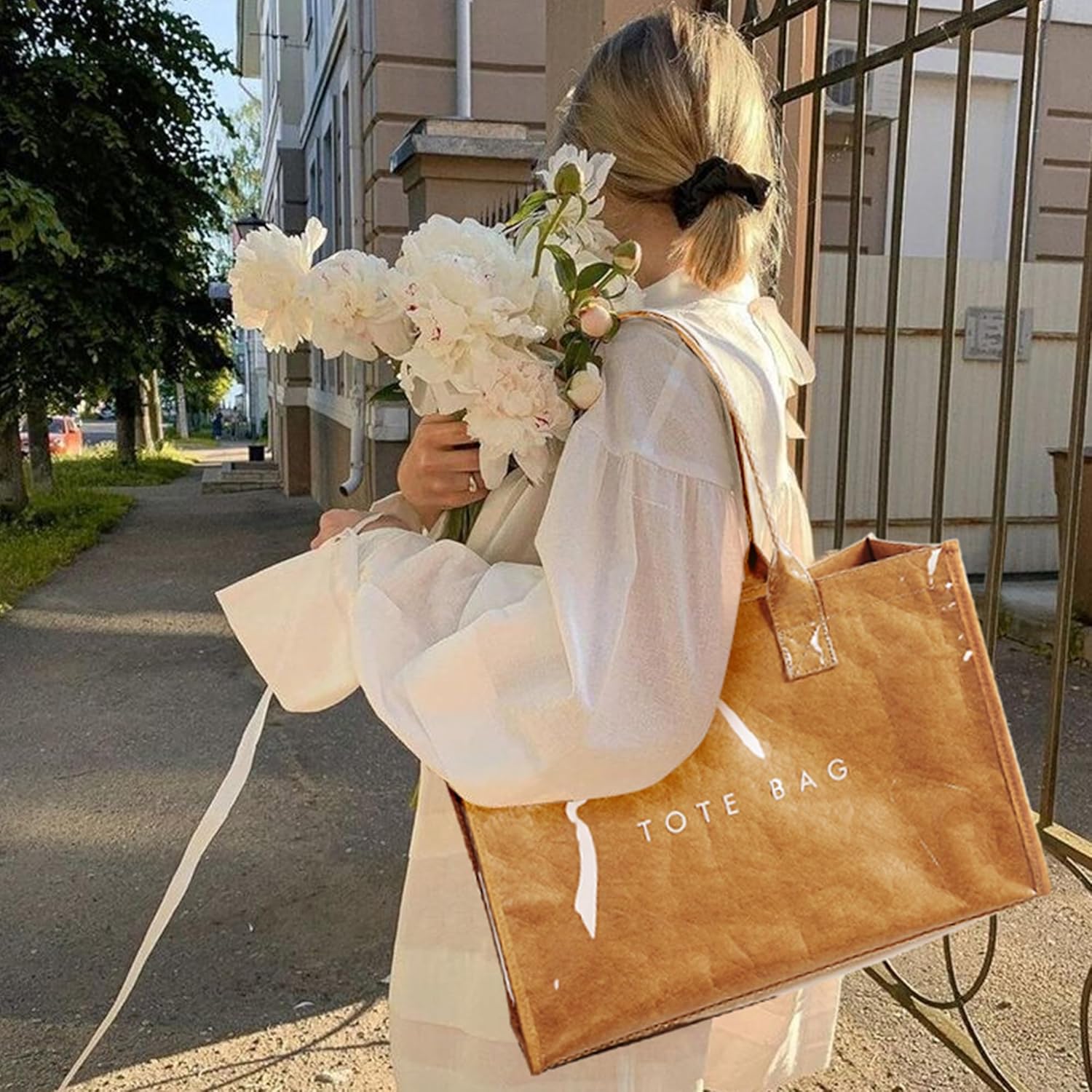 PVC tote bag with top handle in neutral color, minimalist work handbag — view 3