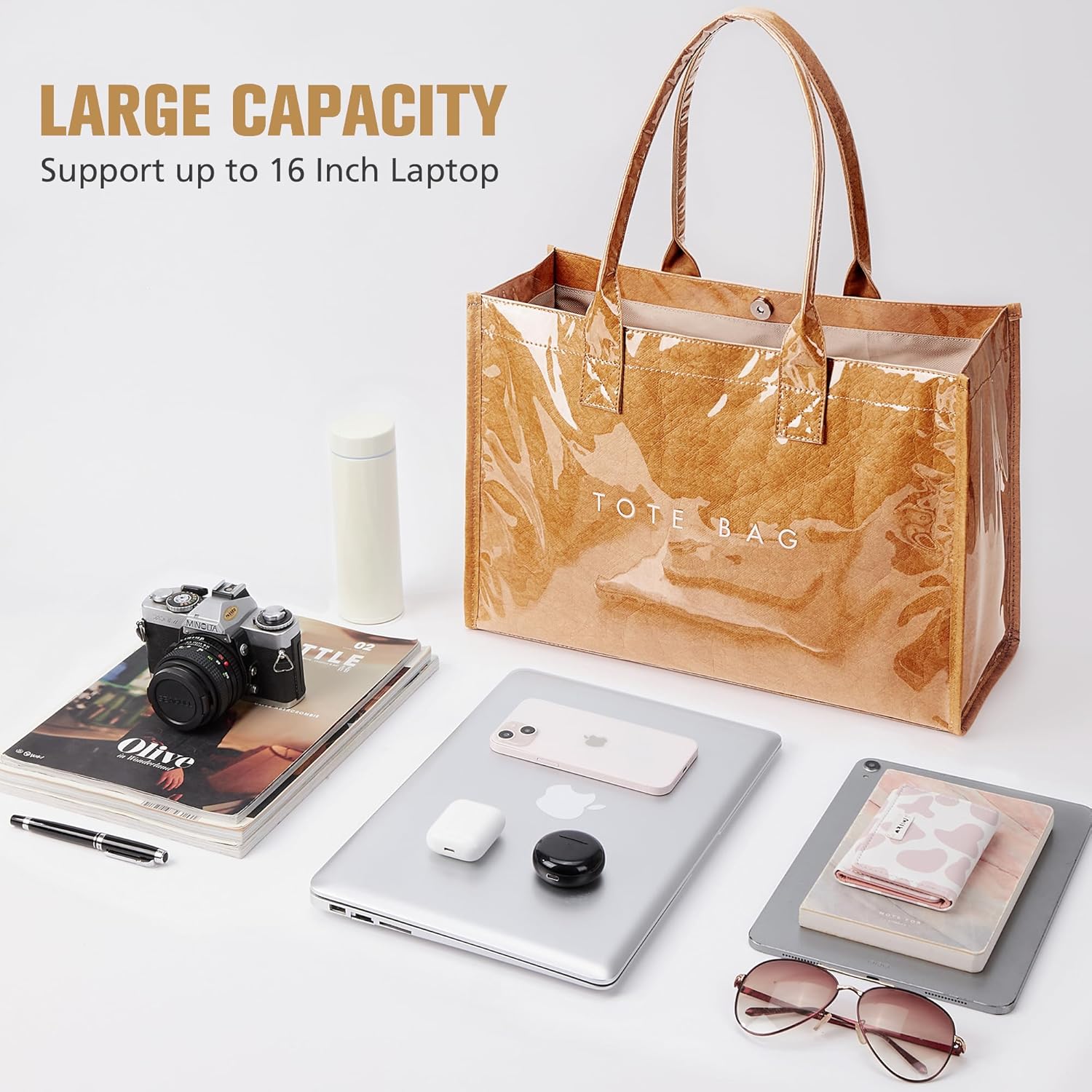 PVC tote bag with top handle in neutral color, minimalist work handbag — view 2
