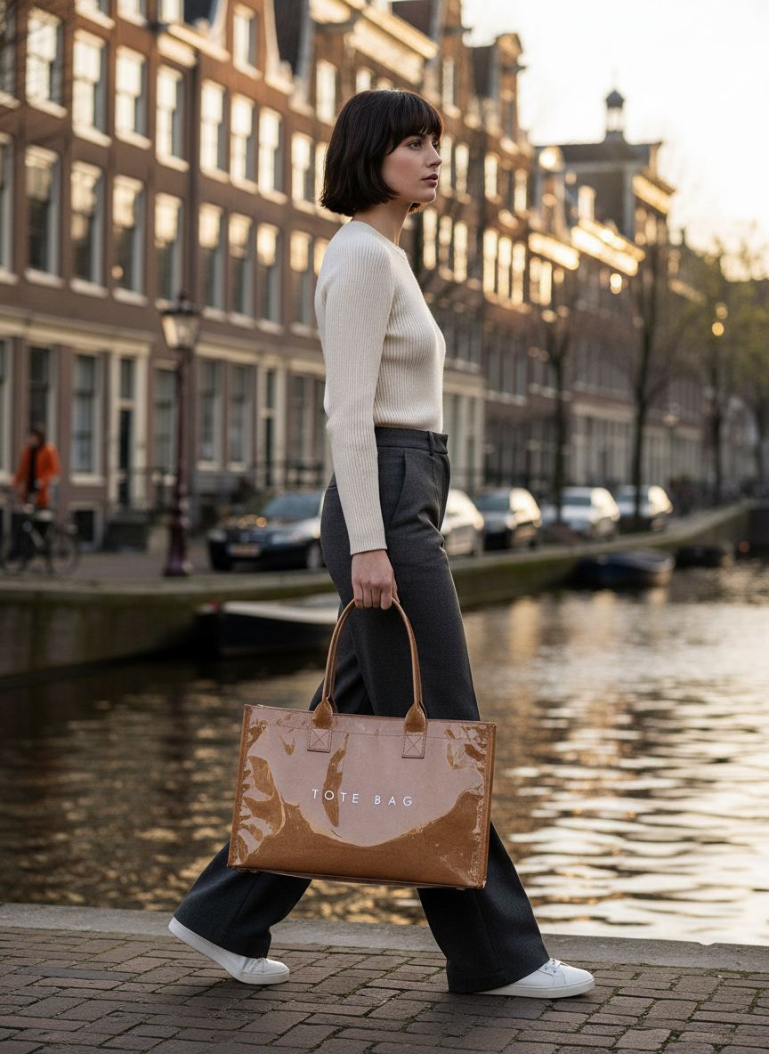 PVC tote bag with top handle in neutral color, minimalist work handbag — view 3