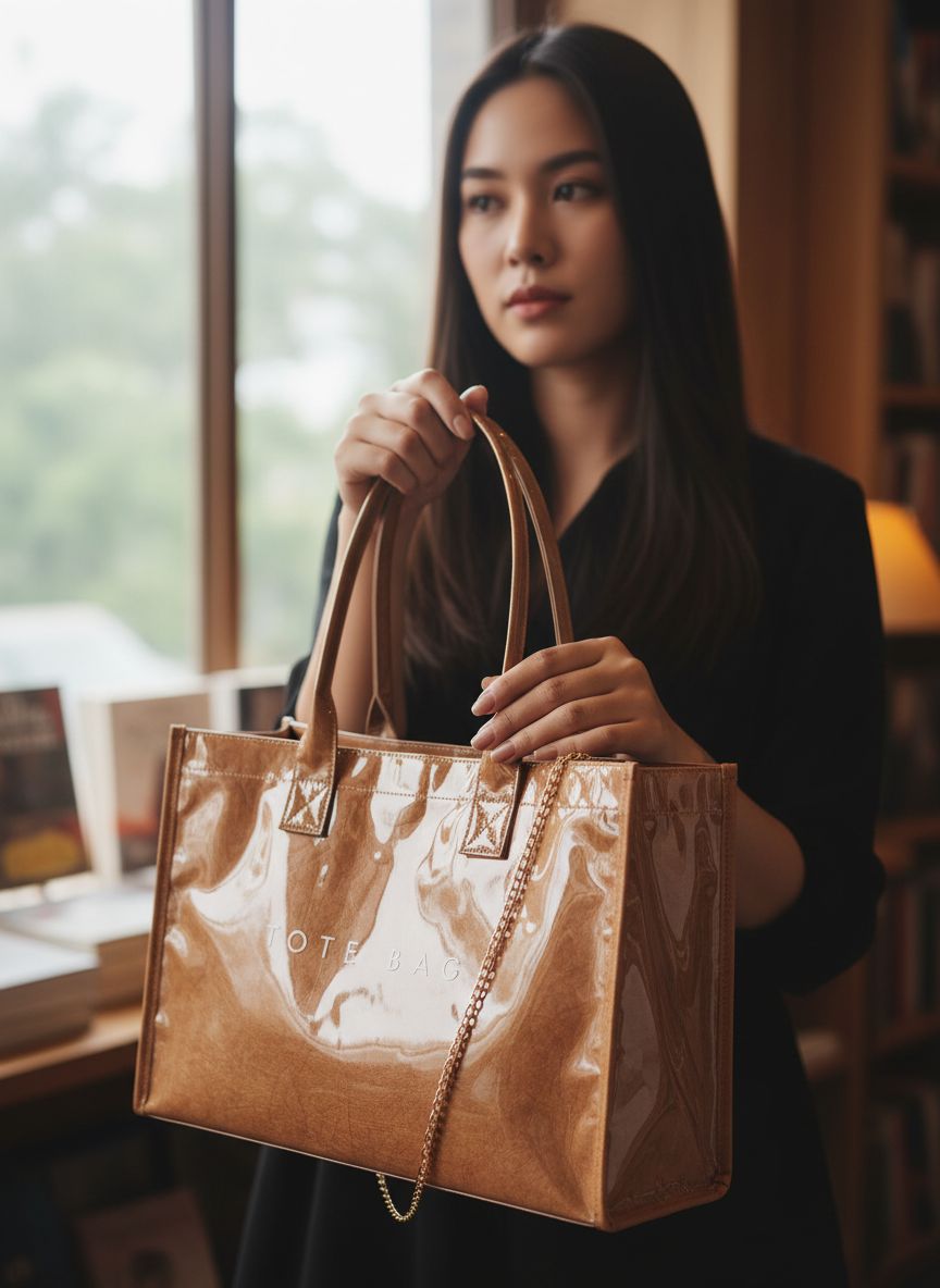PVC tote bag with top handle in neutral color, minimalist work handbag — view 4