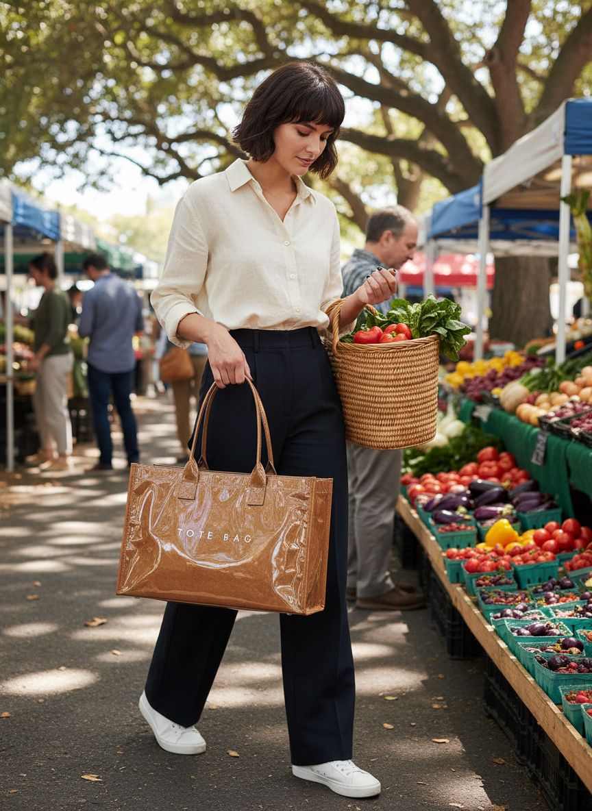 PVC tote bag with top handle in neutral color, minimalist work handbag — view 2