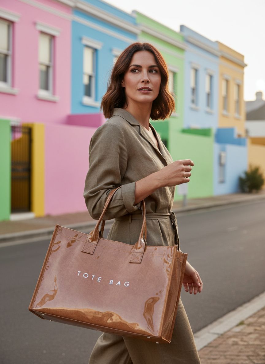 PVC tote bag with top handle in neutral color, minimalist work handbag — view 3a