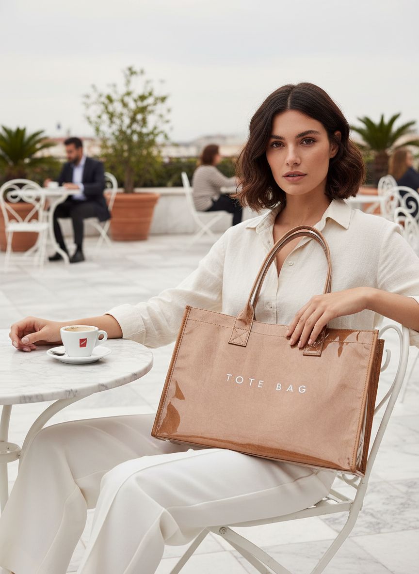 PVC tote bag with top handle in neutral color, minimalist work handbag — view 4