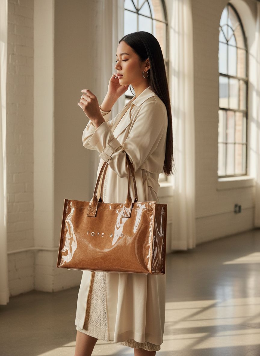 PVC tote bag with top handle in neutral color, minimalist work handbag — view 6