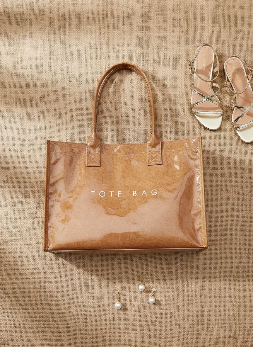 PVC tote bag with top handle in neutral color, minimalist work handbag — view 7a