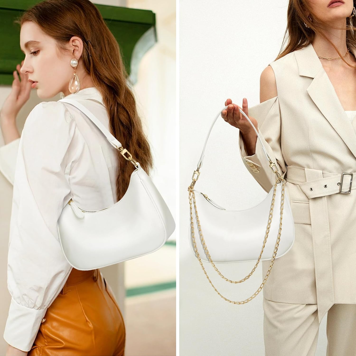 Retro hobo shoulder bag in vegan leather, neutral color, underarm style — view 2
