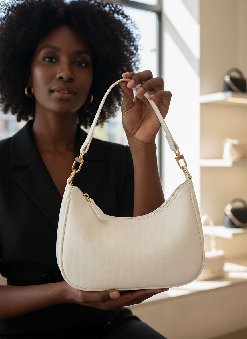 Retro hobo shoulder bag in vegan leather, neutral color, underarm style — view 4