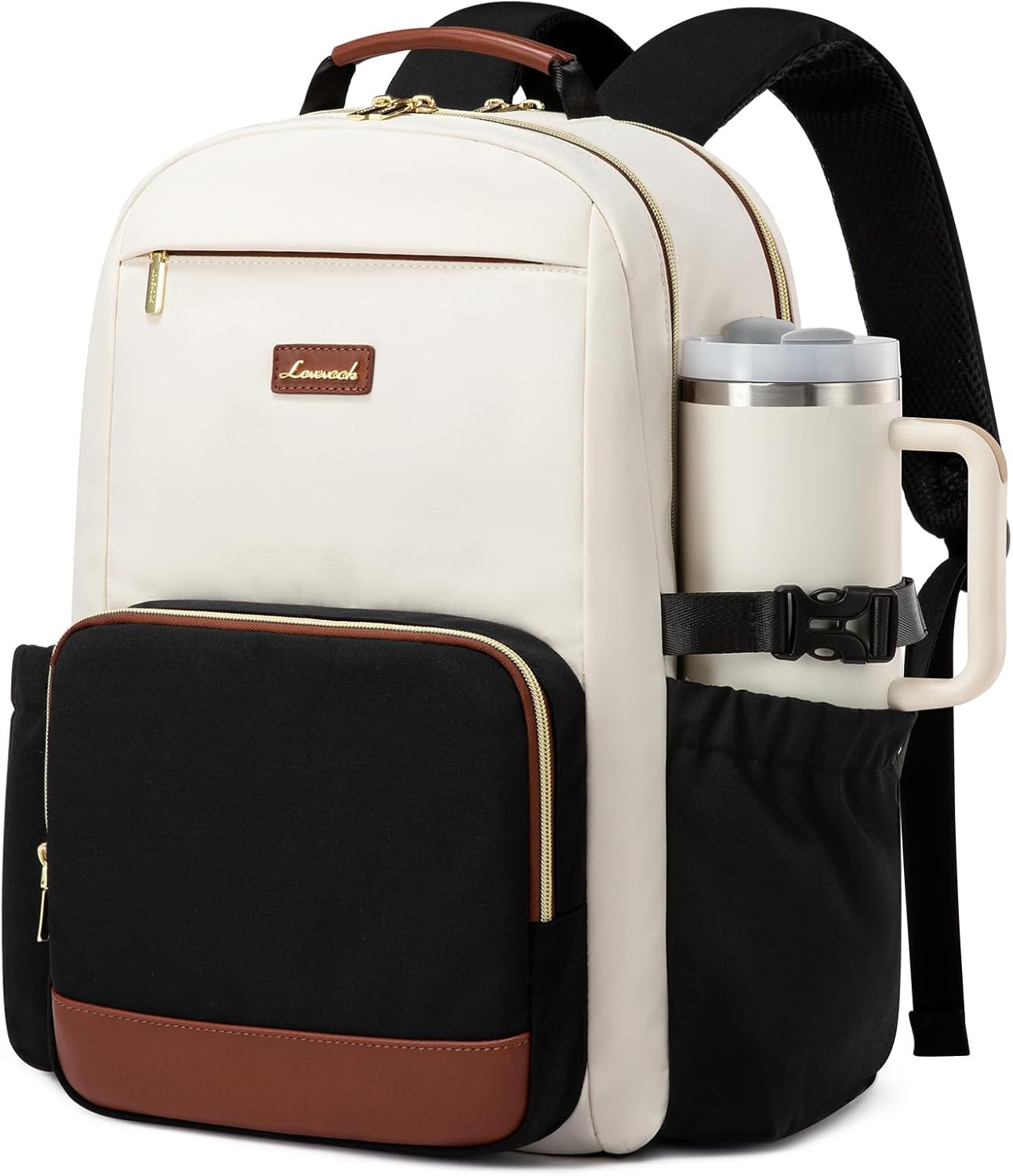Waterproof nylon laptop backpack for women in warm multi color with cup holder pocket — view 1