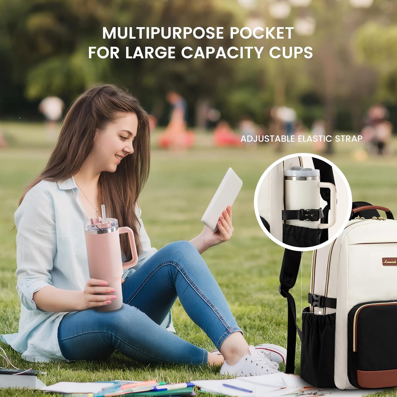Waterproof nylon laptop backpack for women in warm multi color with cup holder pocket — view 2