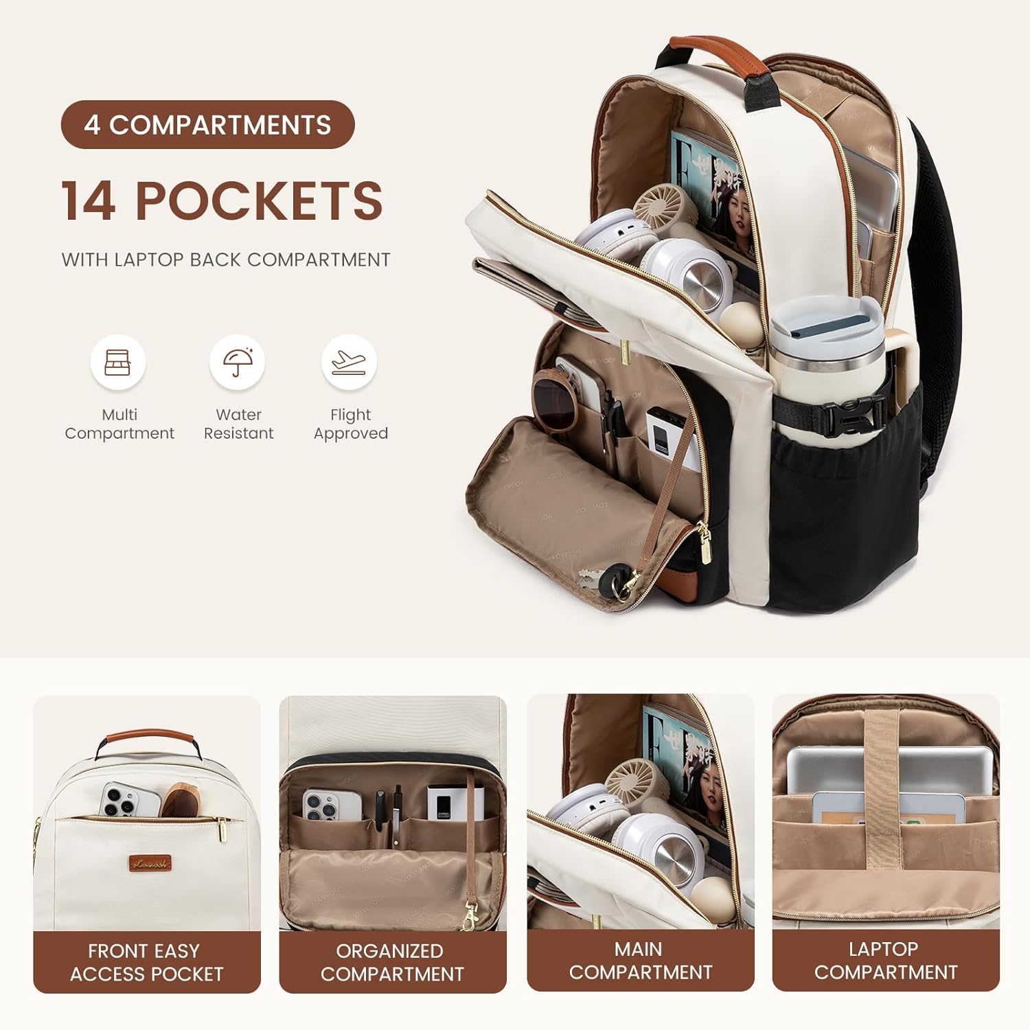 Waterproof nylon laptop backpack for women in warm multi color with cup holder pocket — view 3