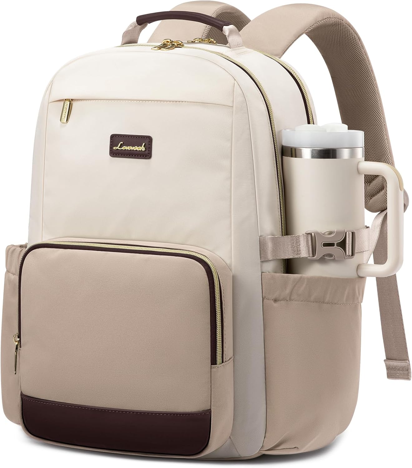 Waterproof nylon laptop backpack for women in warm multi color with cup holder pocket — view 5