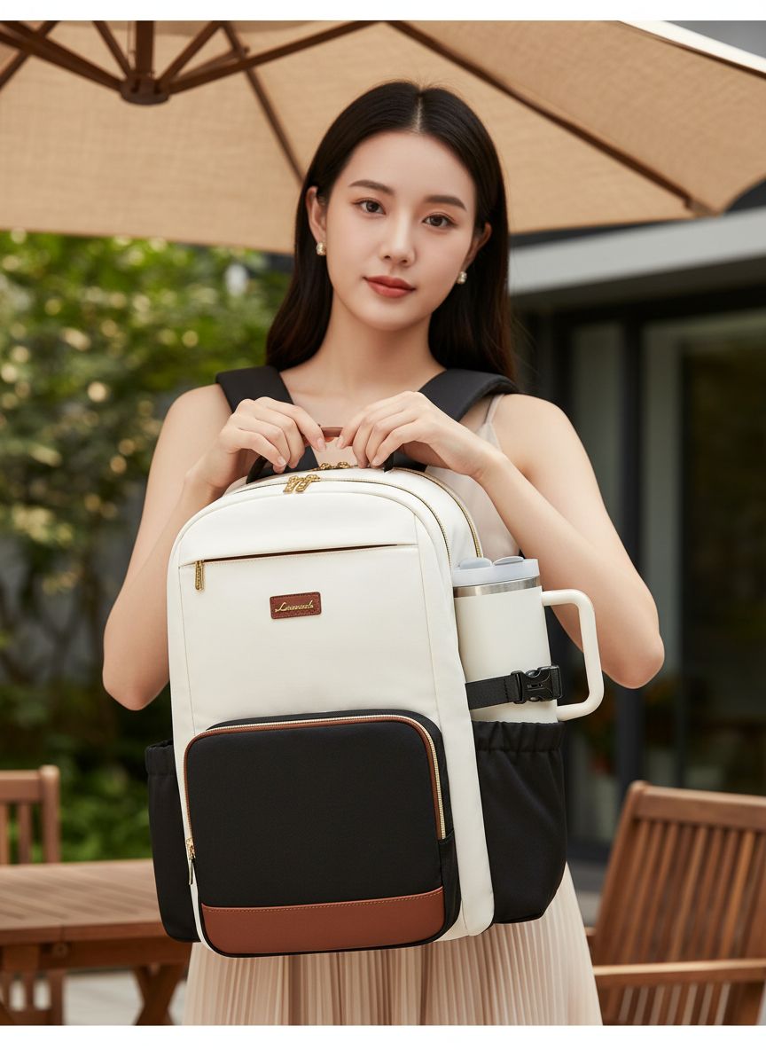 Waterproof nylon laptop backpack for women in warm multi color with cup holder pocket โ view 4