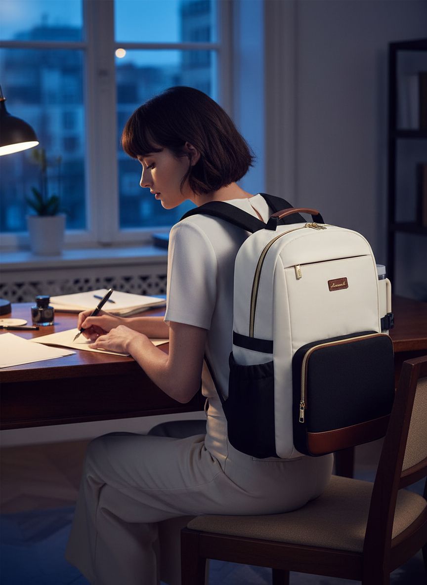 Waterproof nylon laptop backpack for women in warm multi color with cup holder pocket โ view 2