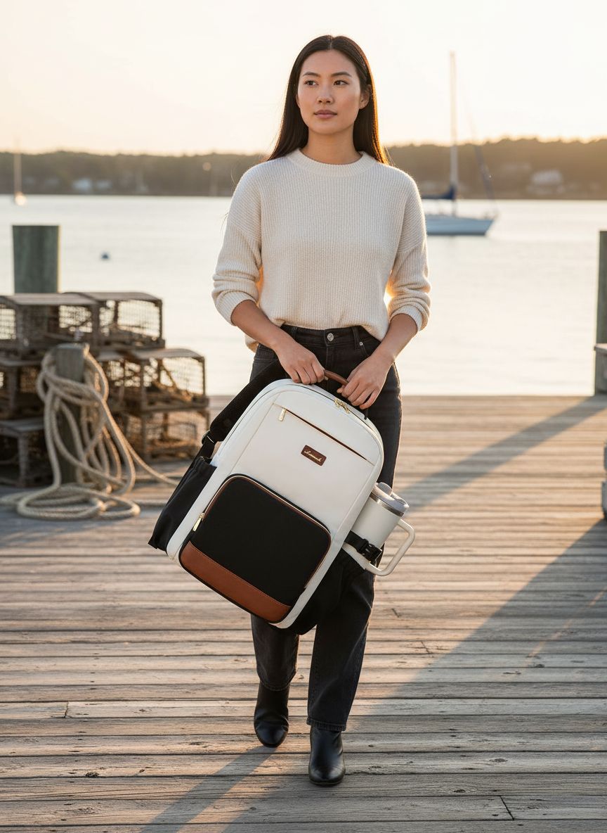 Waterproof nylon laptop backpack for women in warm multi color with cup holder pocket โ view 3a