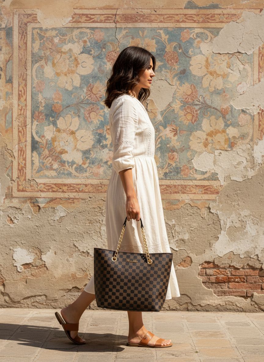 Leather chain top-handle tote bag in neutral color โ view 3