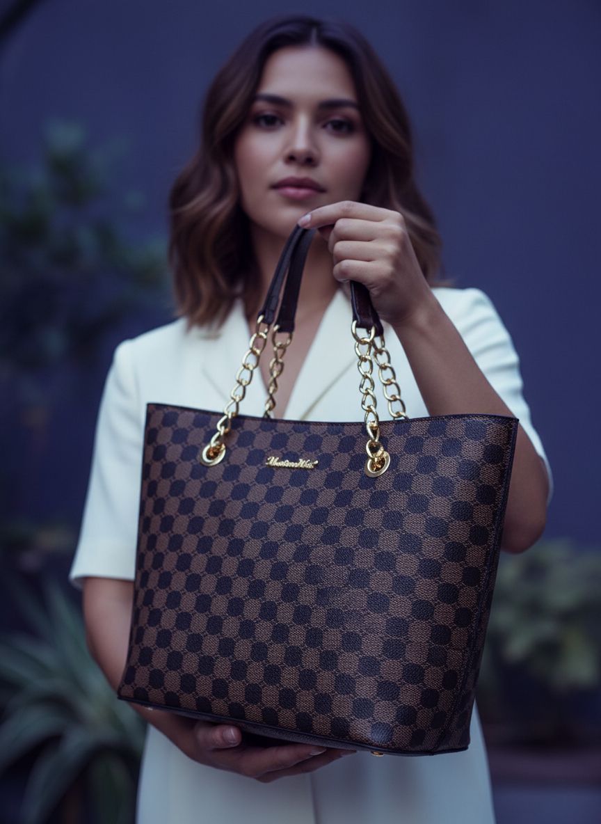 Leather chain top-handle tote bag in neutral color โ view 4