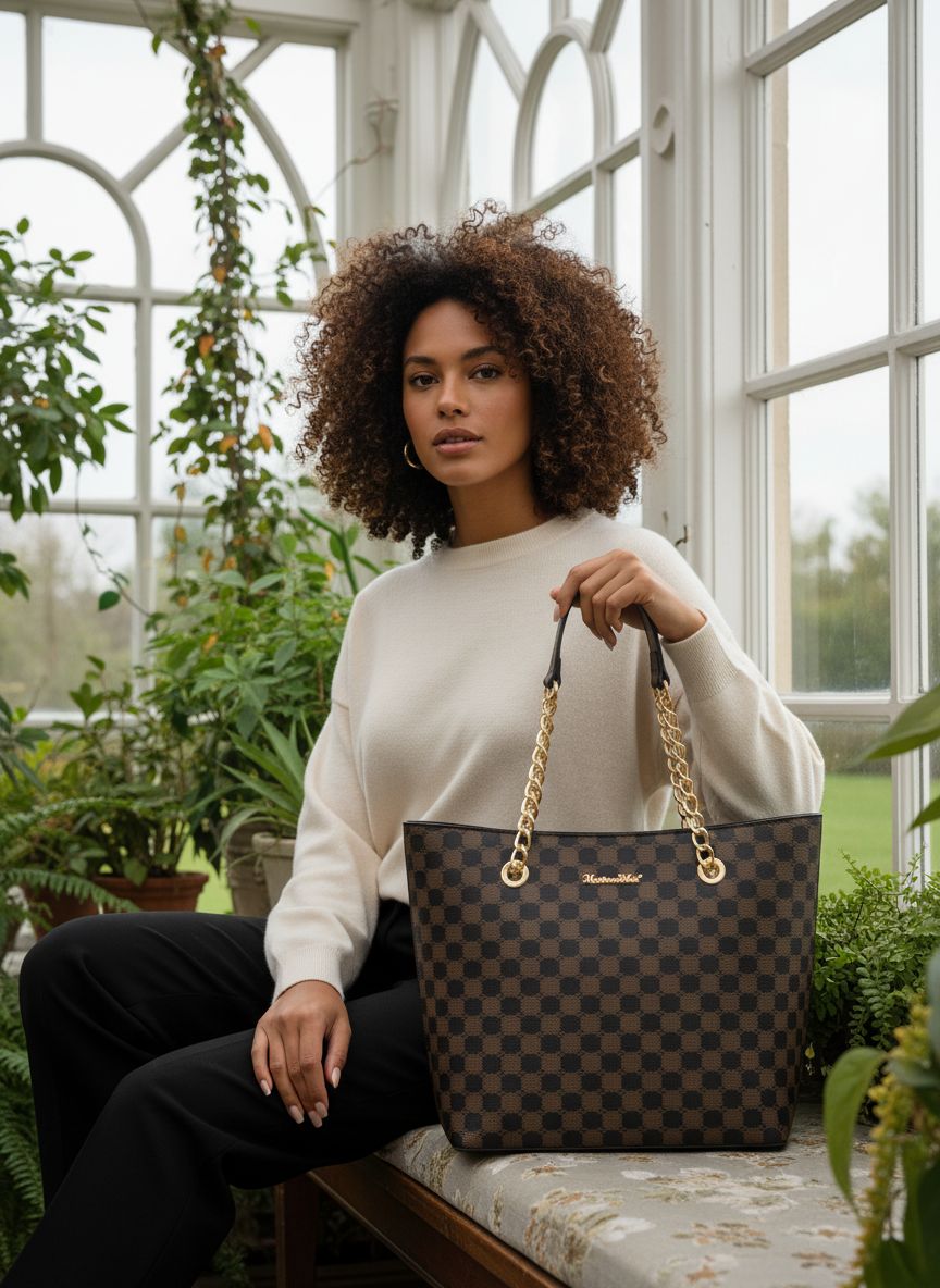 Leather chain top-handle tote bag in neutral color โ view 4
