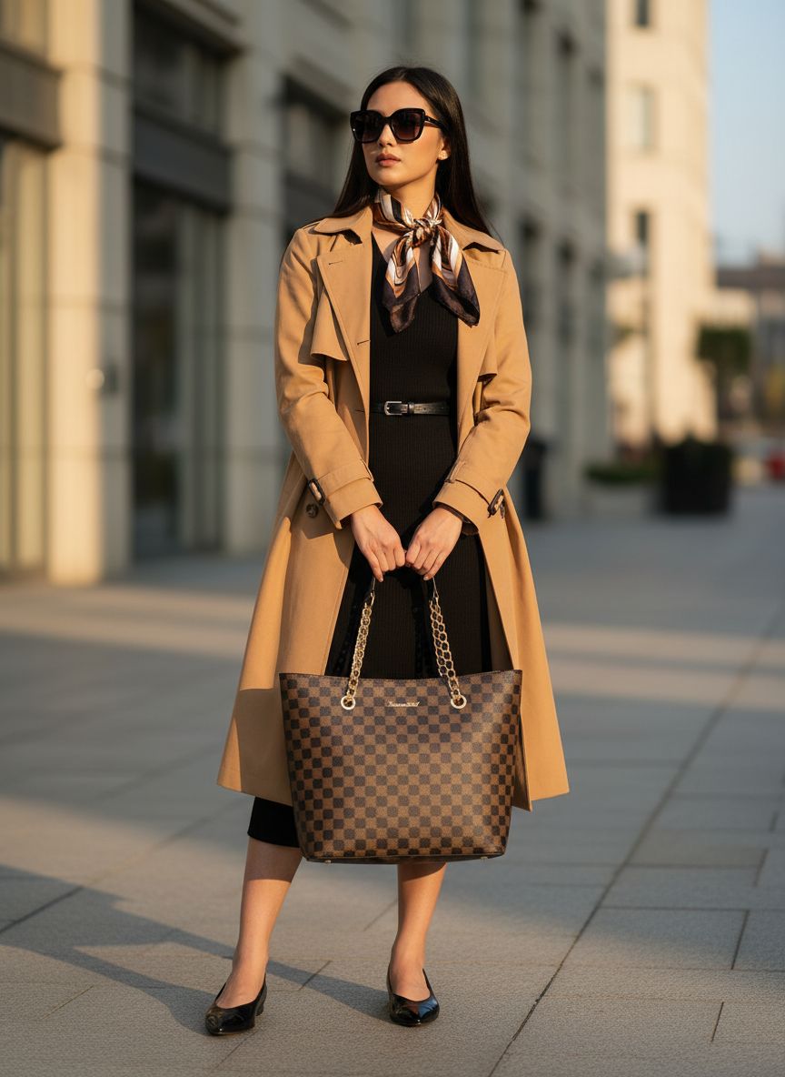Leather chain top-handle tote bag in neutral color โ view 5a