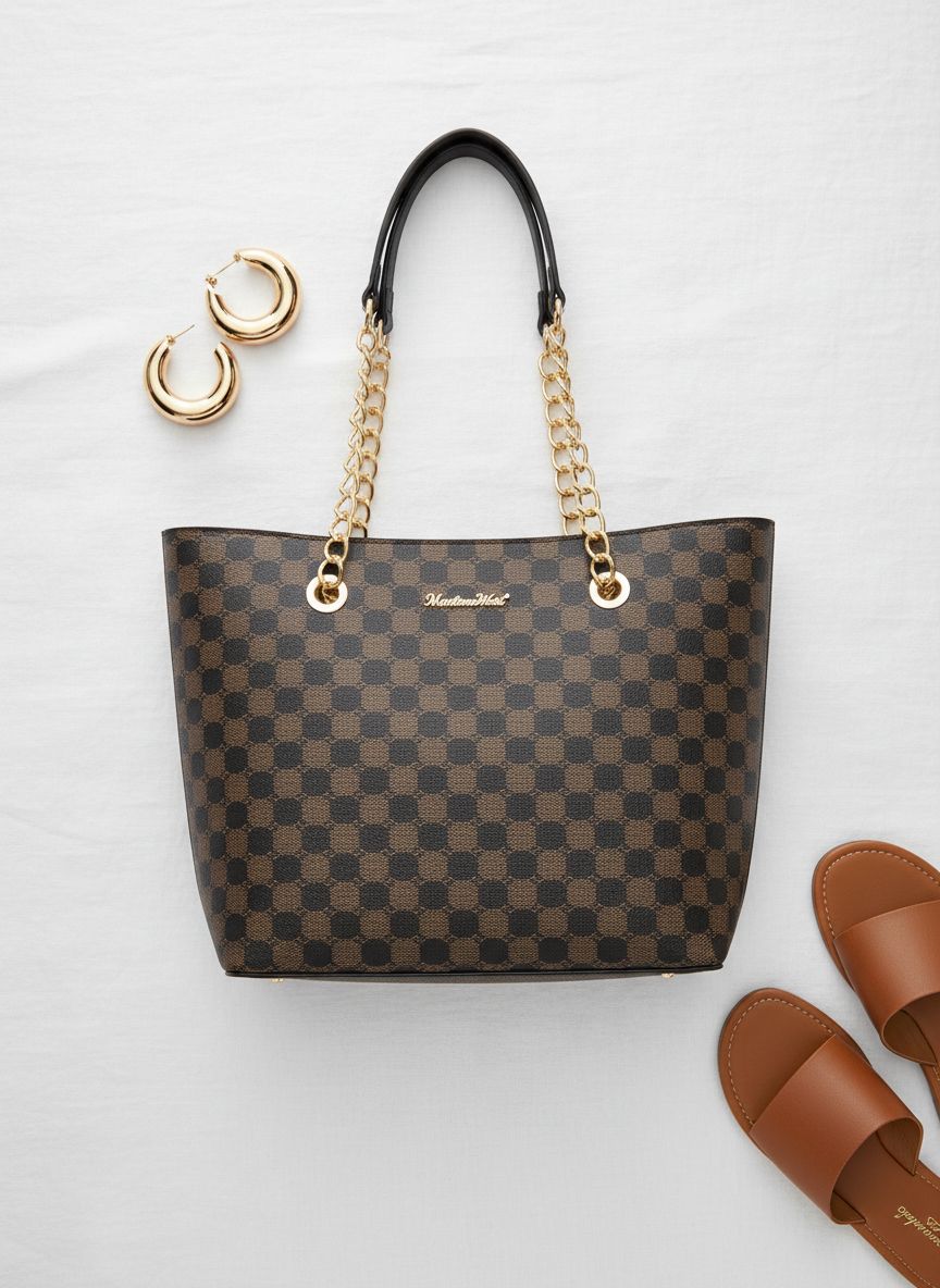 Leather chain top-handle tote bag in neutral color โ view 7a
