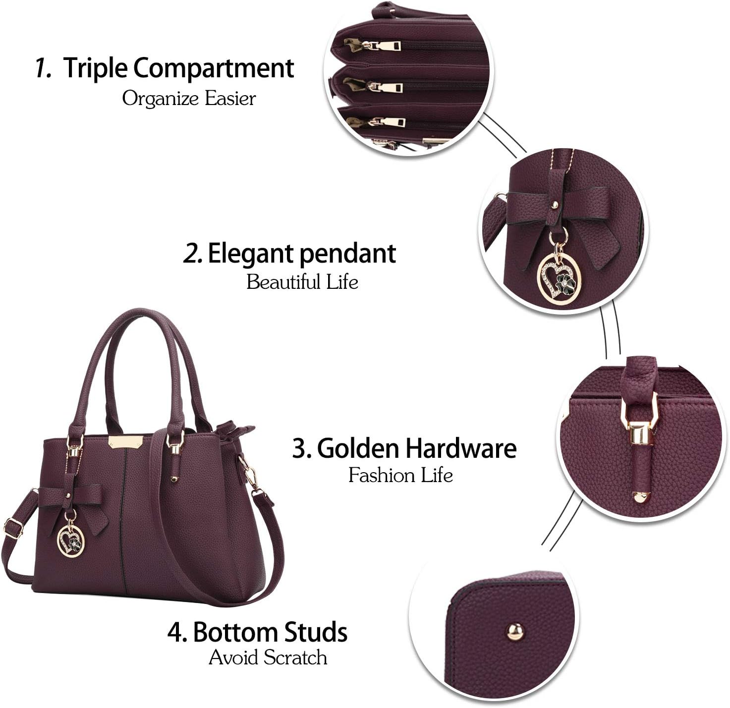 3-compartment vegan leather satchel shoulder bag in neutral tone with top handle โ view 2