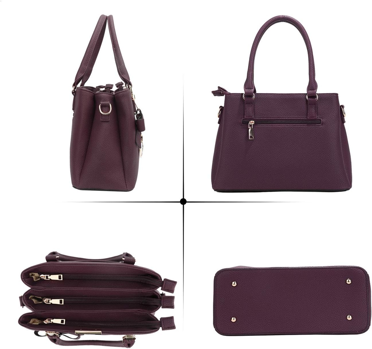 3-compartment vegan leather satchel shoulder bag in neutral tone with top handle โ view 3