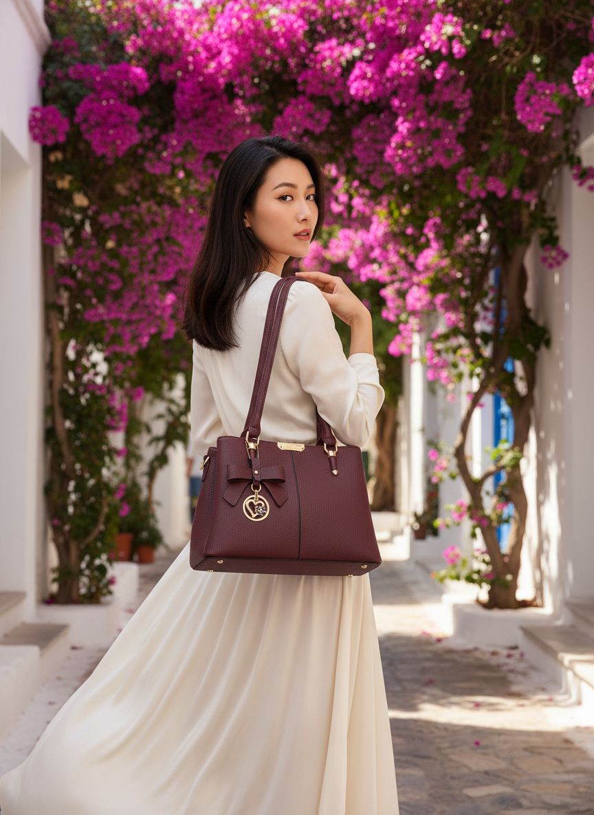 3-compartment vegan leather satchel shoulder bag in neutral tone with top handle — view 2