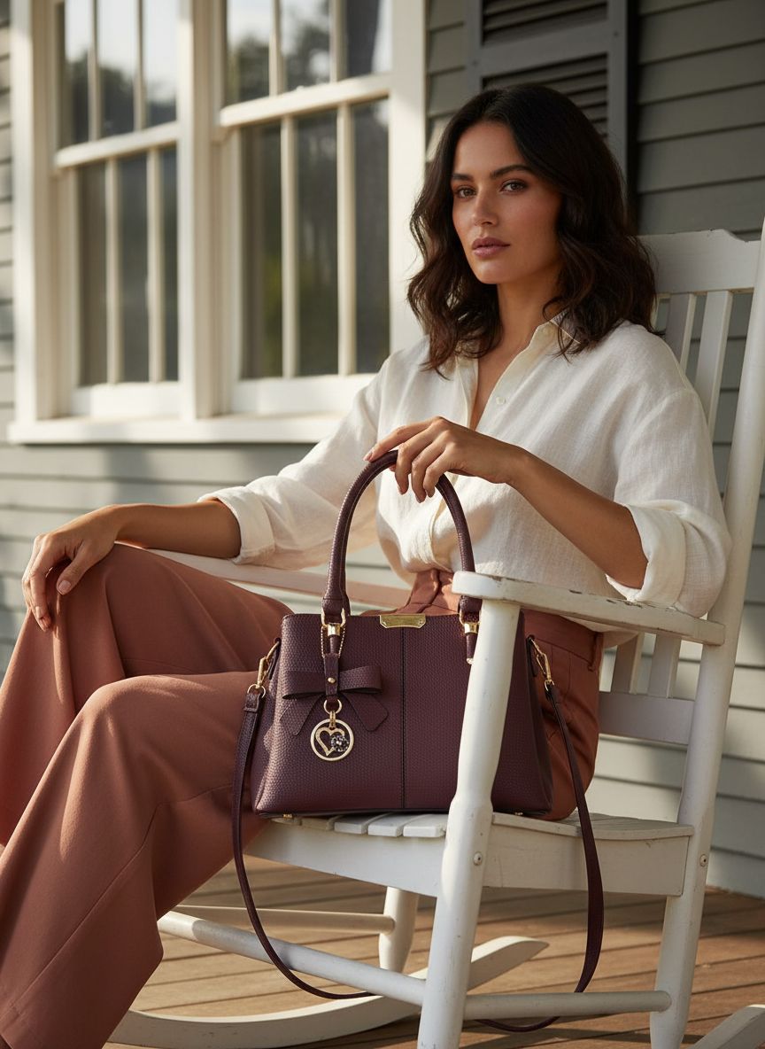 3-compartment vegan leather satchel shoulder bag in neutral tone with top handle — view 4
