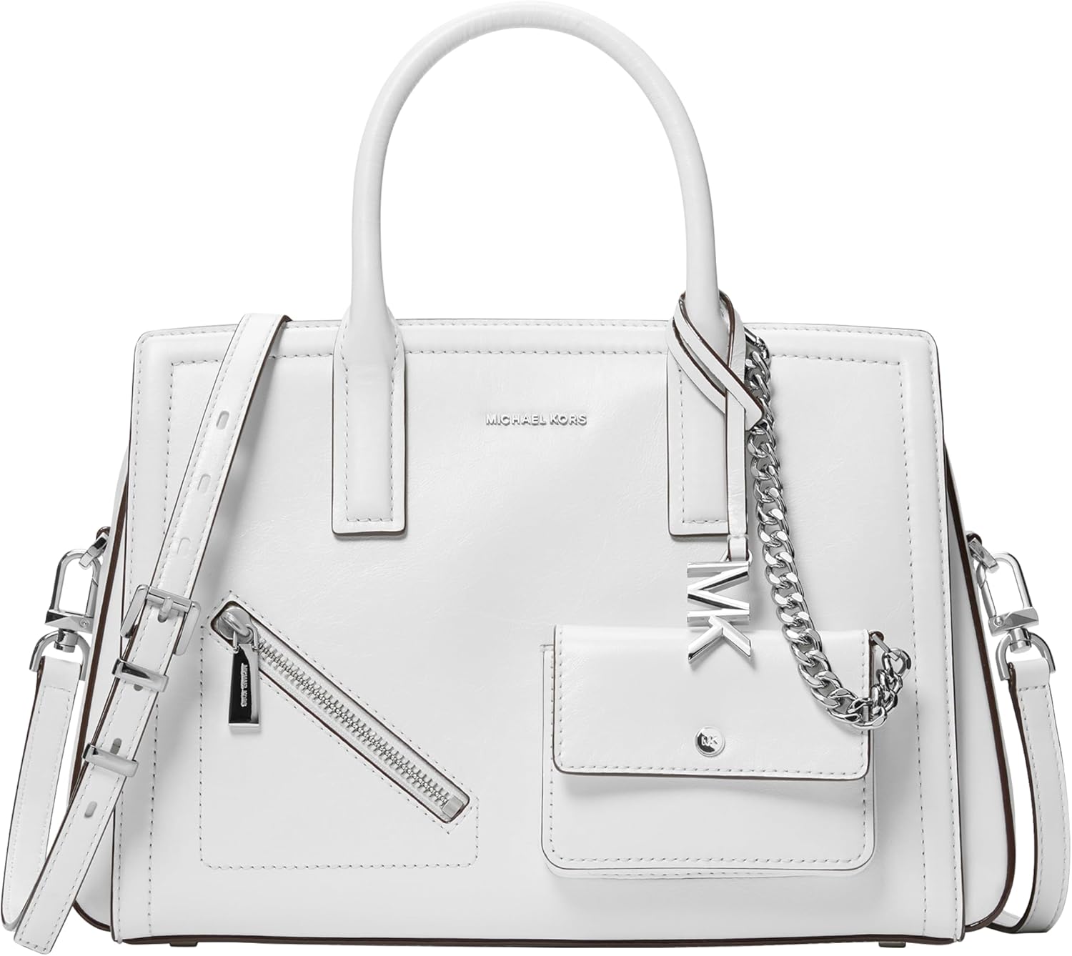 Neutral leather medium satchel with structured silhouette and shoulder straps — view 5