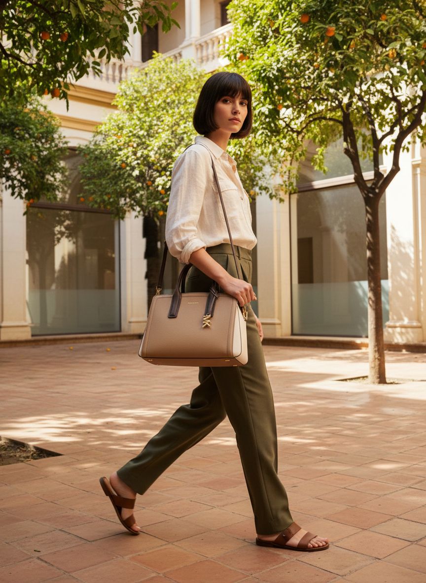 Neutral leather medium satchel with structured silhouette and shoulder straps — view 3a