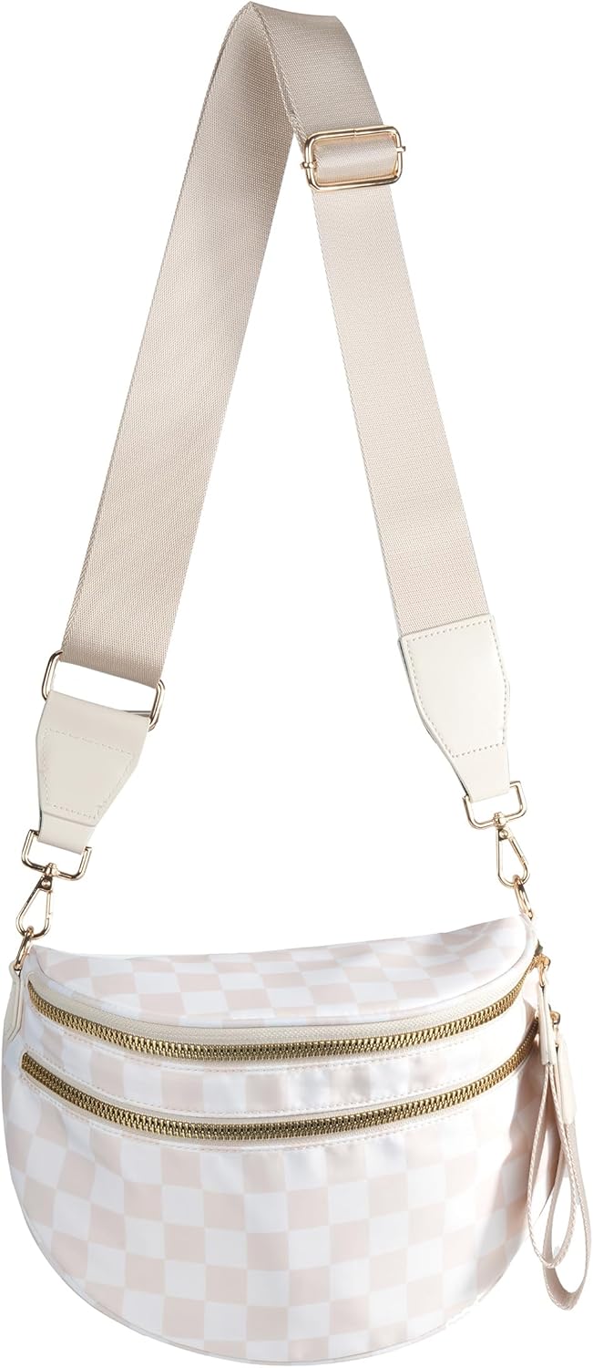 Checkered nylon crossbody bag in neutral tone, front view — view 1