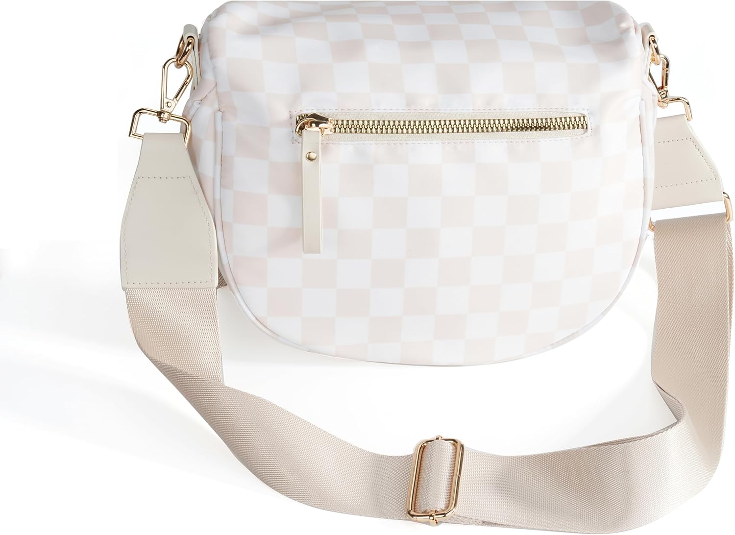 Checkered nylon crossbody bag in neutral tone, front view — view 3