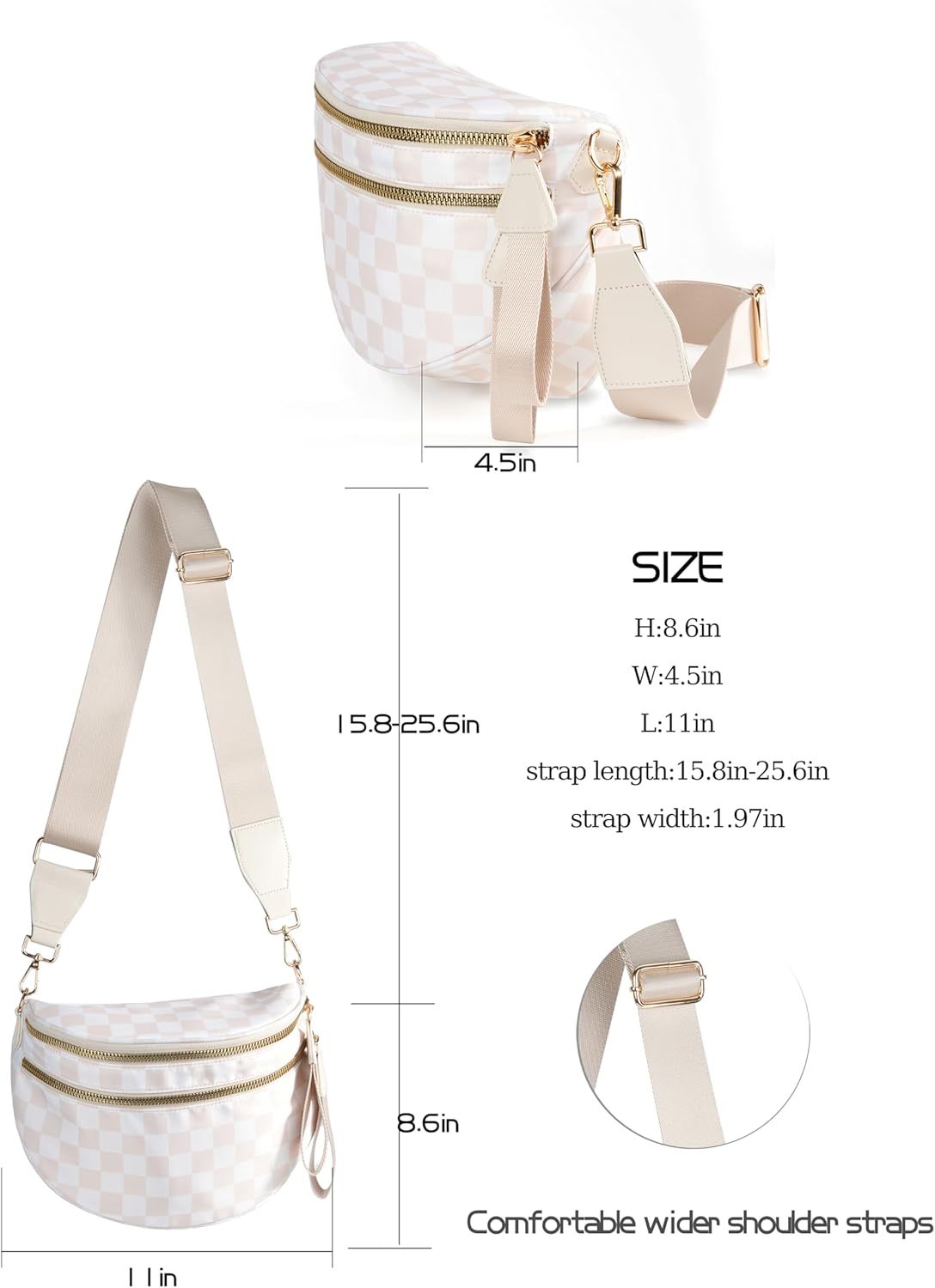 Checkered nylon crossbody bag in neutral tone, front view — view 4