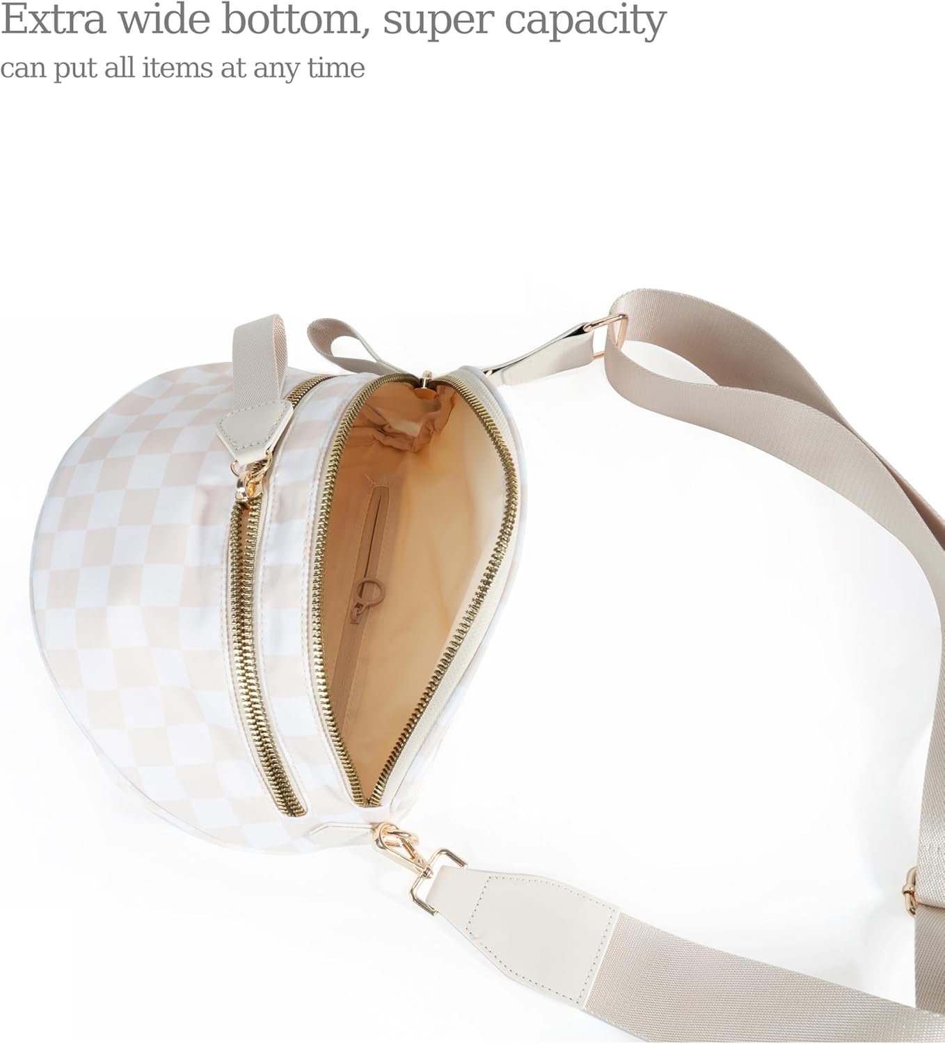 Checkered nylon crossbody bag in neutral tone, front view — view 2