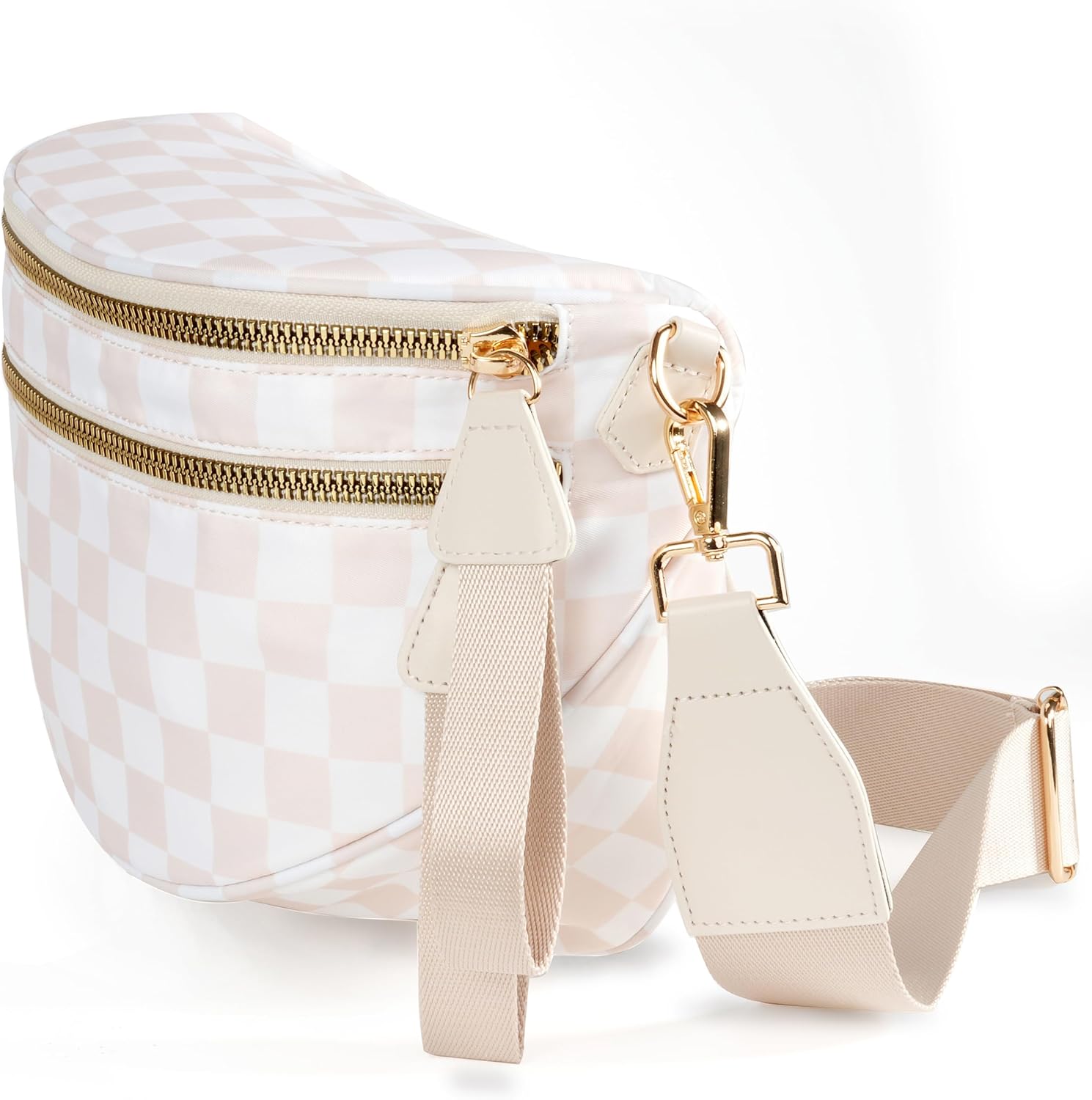 Checkered nylon crossbody bag in neutral tone, front view — view 3