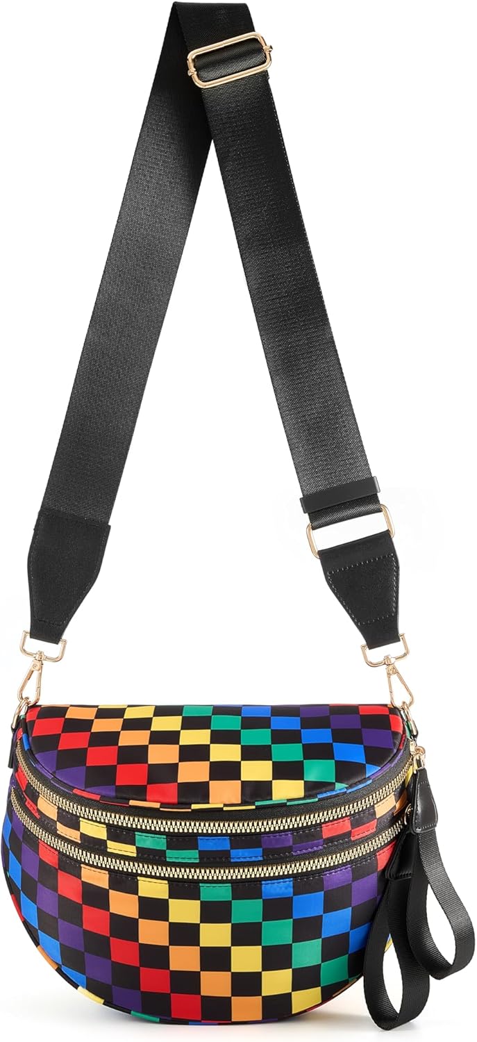 Checkered nylon crossbody bag in neutral tone, front view — view 4