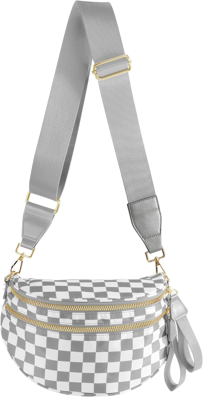 Checkered nylon crossbody bag in neutral tone, front view — view 5