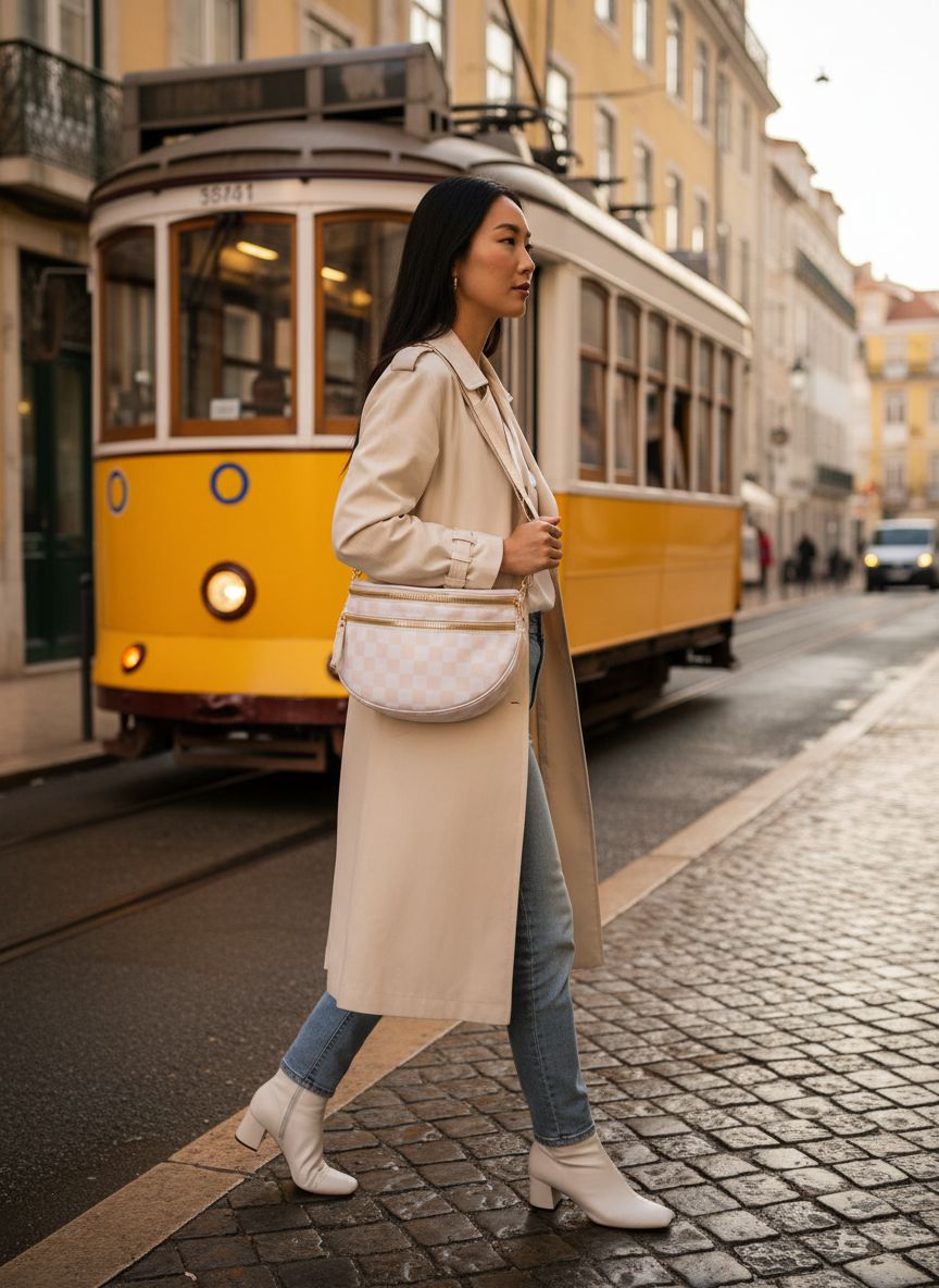 Checkered nylon crossbody bag in neutral tone, front view — view 3