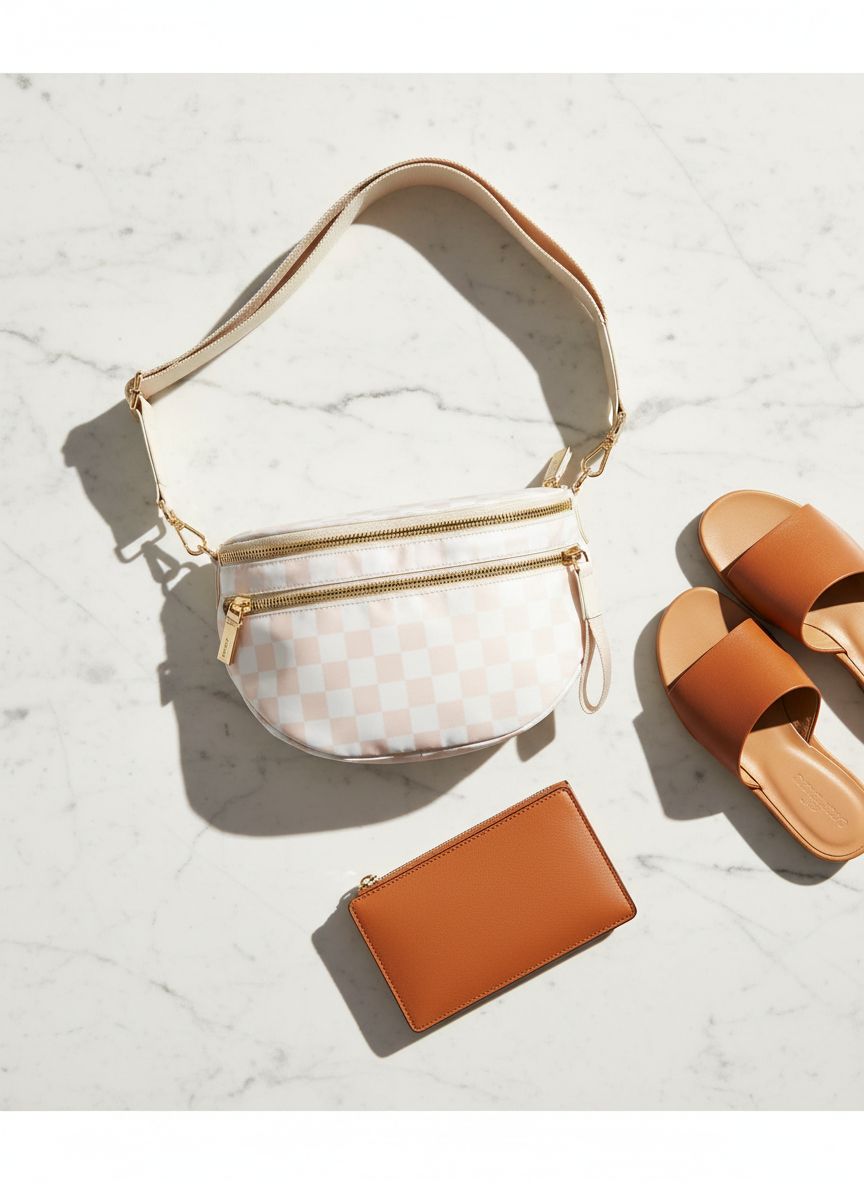 Checkered nylon crossbody bag in neutral tone, front view — view 7a