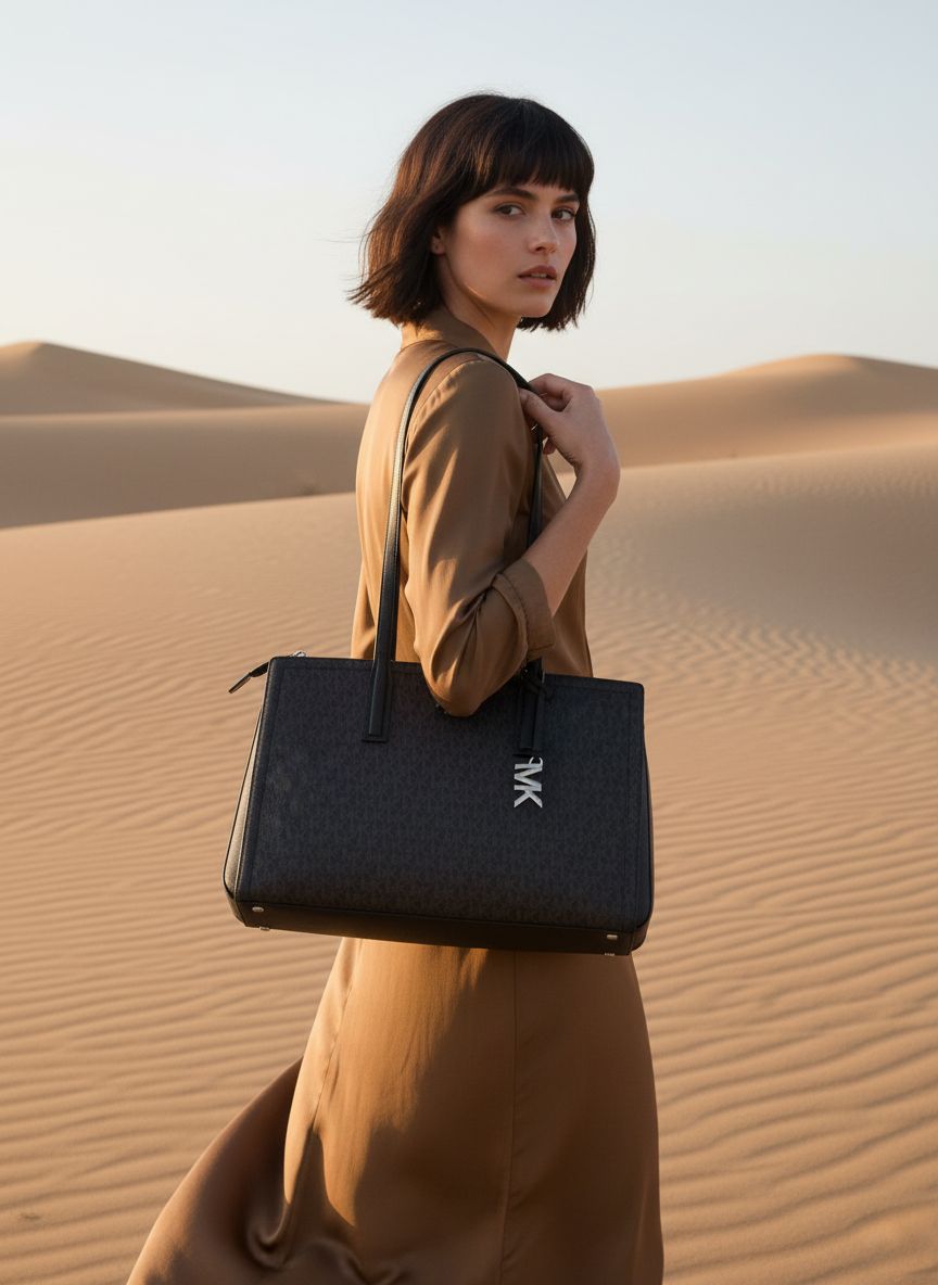Neutral leather tote bag, medium size, classic design — view 2