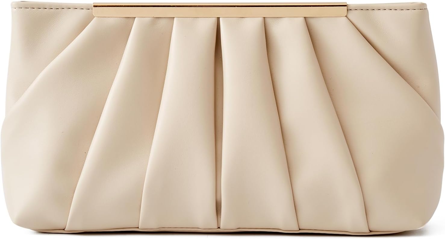 Pleated vegan leather clutch in neutral tone, formal evening bag for women — view 2