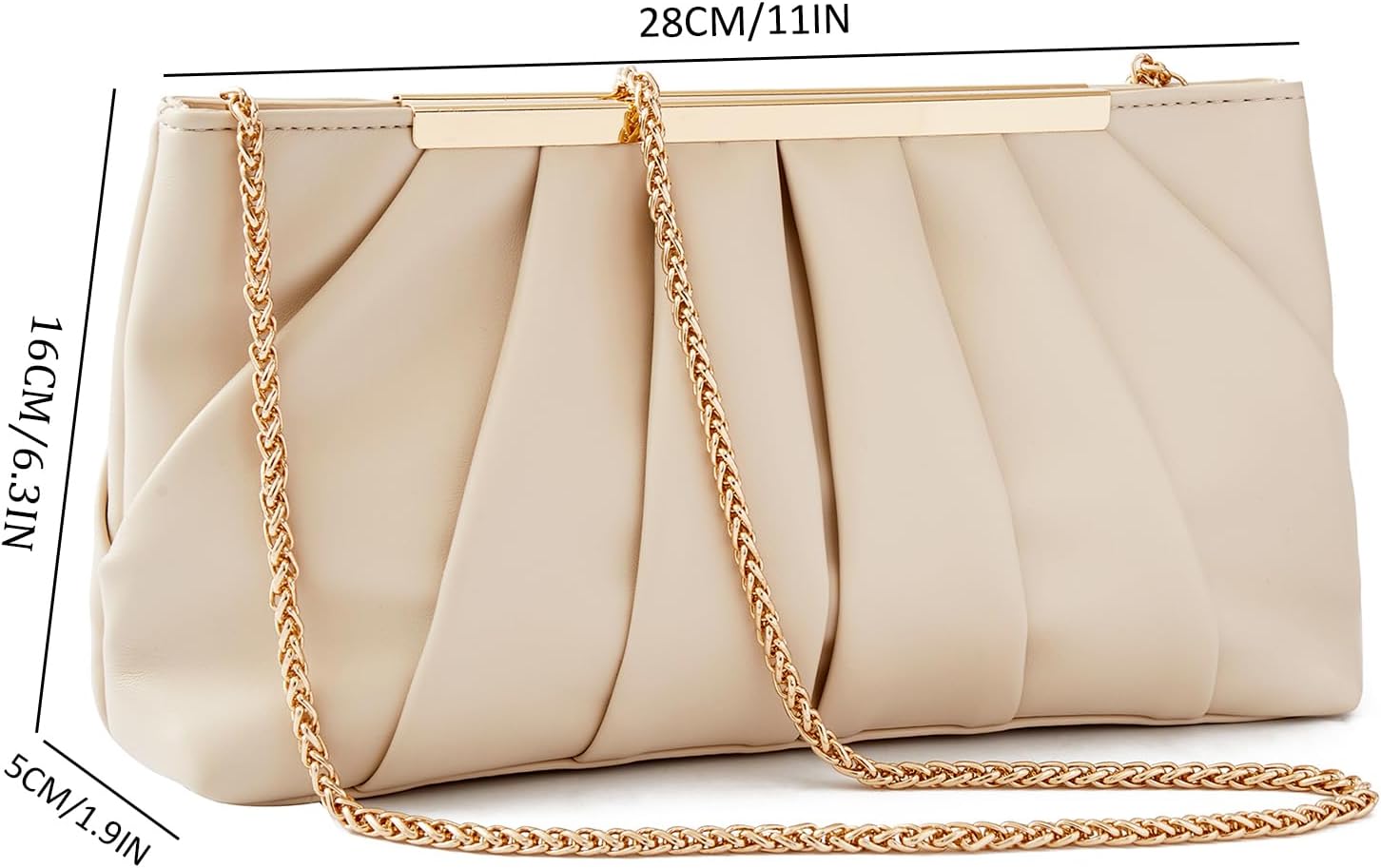 Pleated vegan leather clutch in neutral tone, formal evening bag for women — view 3