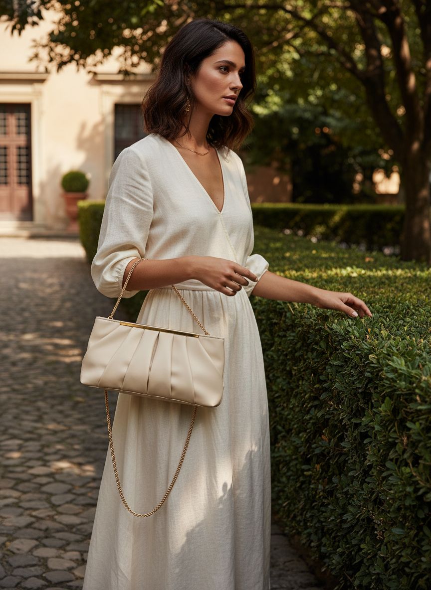 Pleated vegan leather clutch in neutral tone, formal evening bag for women — view 6