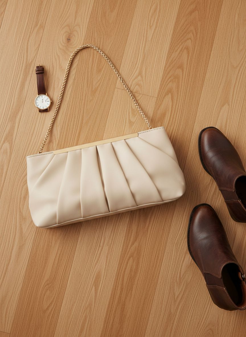 Pleated vegan leather clutch in neutral tone, formal evening bag for women — view 7a