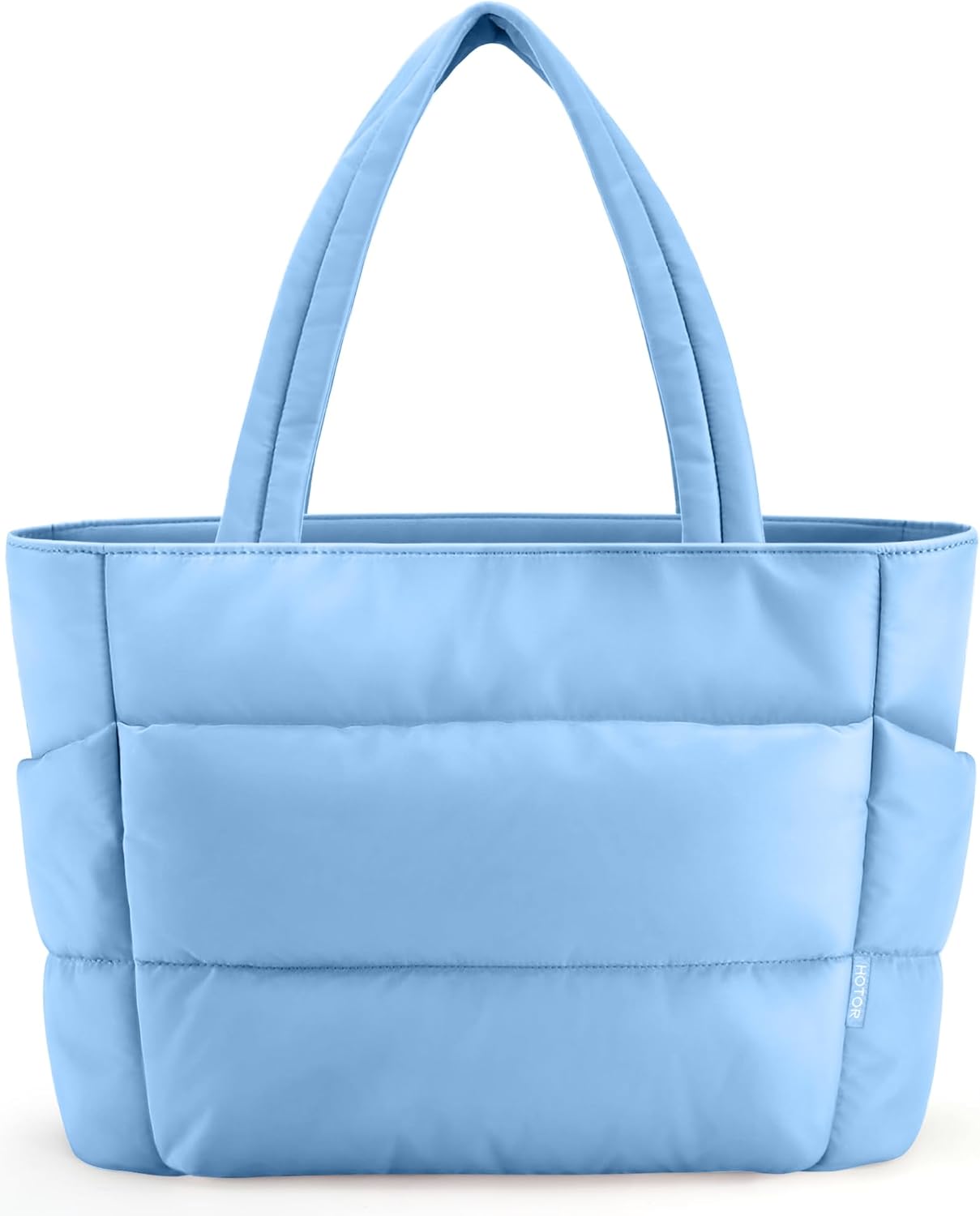 Quilted nylon puffer tote bag in neutral color with multi-pocket design — view 3