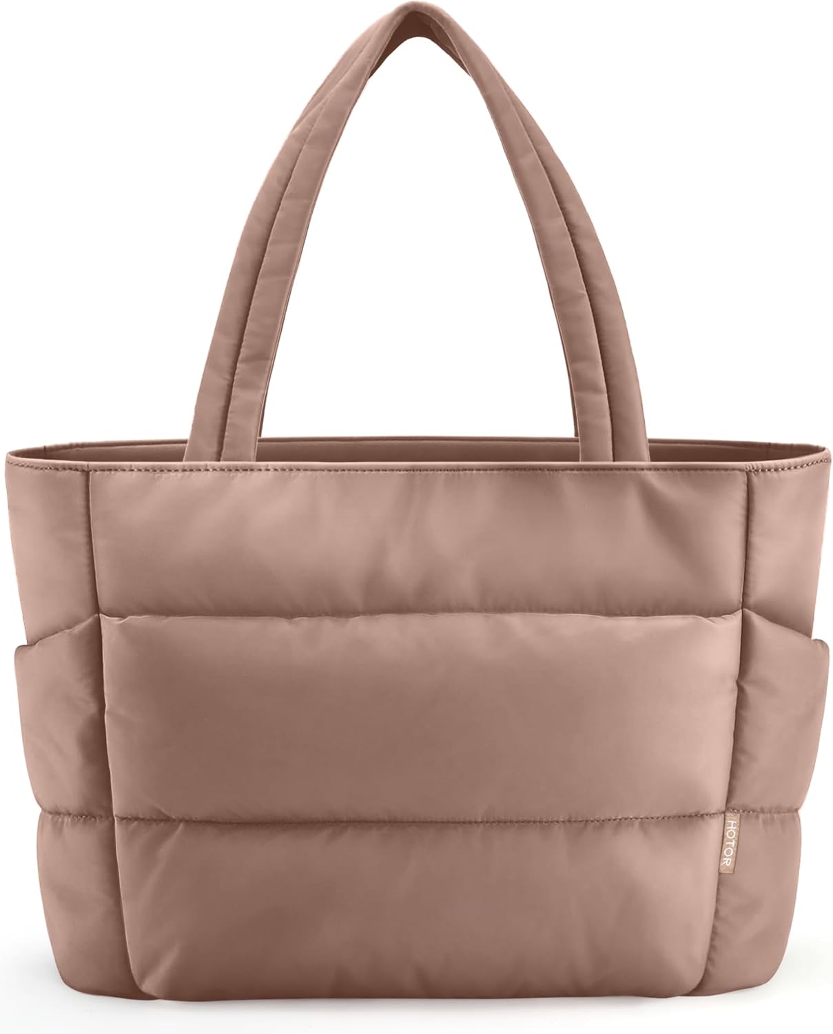 Quilted nylon puffer tote bag in neutral color with multi-pocket design — view 4