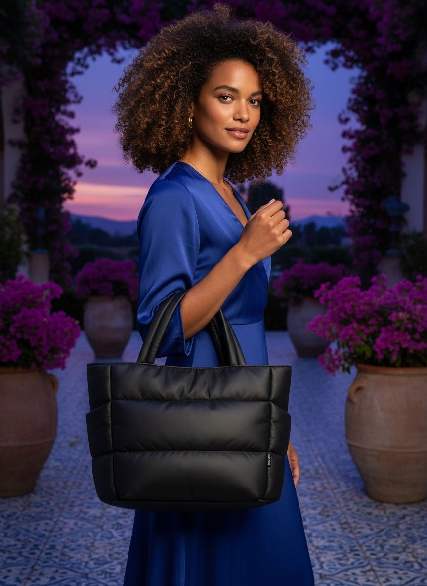 Quilted nylon puffer tote bag in neutral color with multi-pocket design — view 1
